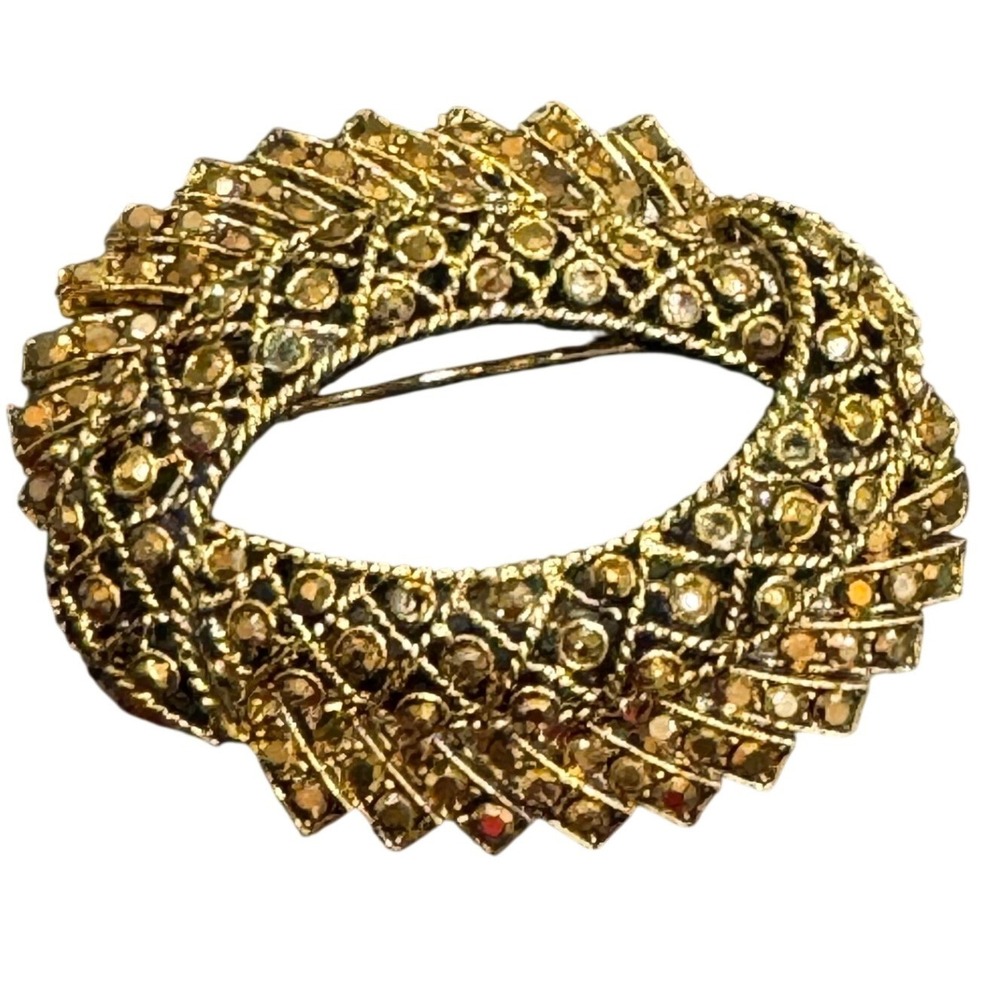 Hollycraft Vintage Gold Tone Amber Rhinestone Oval Wreath Brooch Pin Mid Century